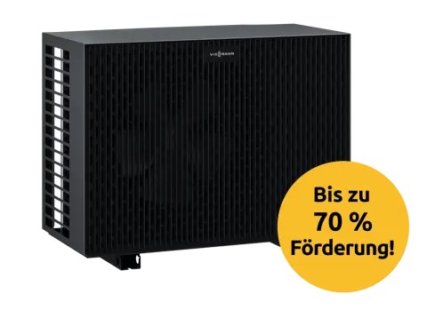 Eine Wärmepumpe mit einem gelben Störer mit der Aufschrift "Bis zu 70% Förderung!".