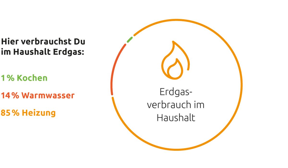 Diagramm zeigt Erdgasverbrauch im Haushalt, unterteilt in 1% Kochen (grün), 14% Warmwasser (rot), 85% Heizung (orange). Kreisdiagramm mit Flammensymbol als zentrale Grafik.